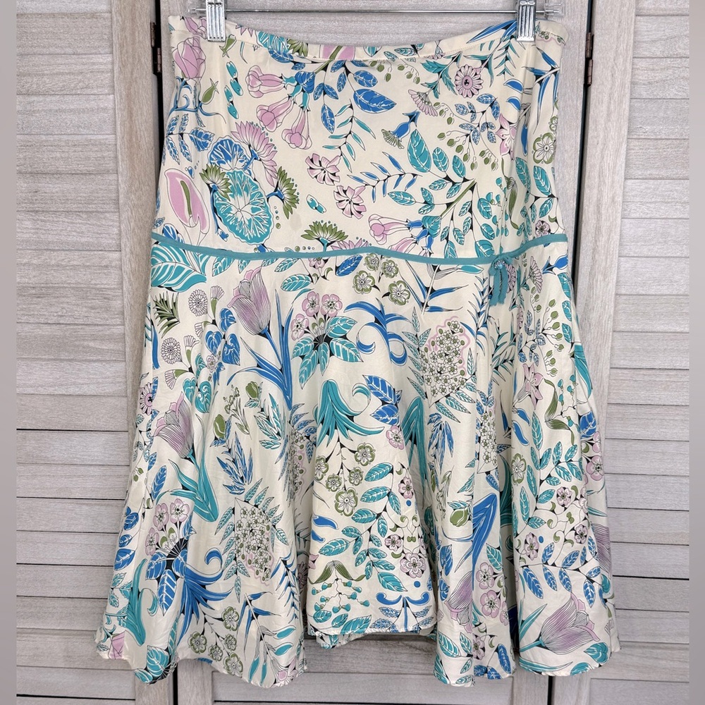 ECI (New York) 100% Silk Floral Print A-Line Skirt Ivory/Floral-8